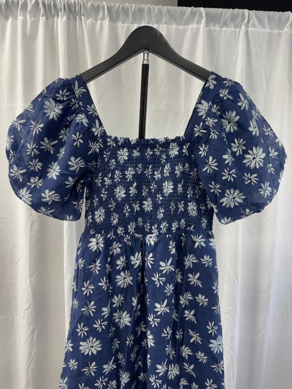 THML Navy White Floral Smocked Puff Sleeve Cottagecore linen blend Midi Dress - Picture 3 of 16